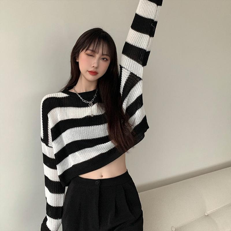 Áo Sweater Dệt Kim Tay Dài Dáng Rộng Kẻ Sọc Trắng Đen Trẻ Trung