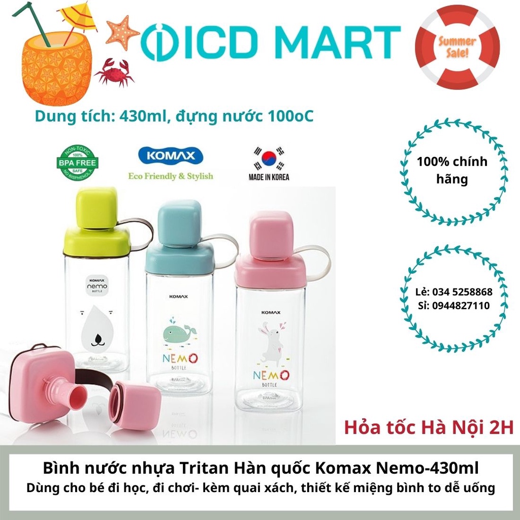 Bình nước thời trang trẻ em 3 màu Hàn Quốc KOMAX  430ml chất liệu Tritan HÀNG NHẬP KHẨU