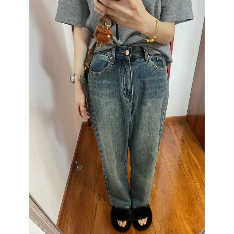 ❈Quần Jeans Dài Lưng Cao Ống Rộng Phong Cách Retro Mỹ Cho Nữ