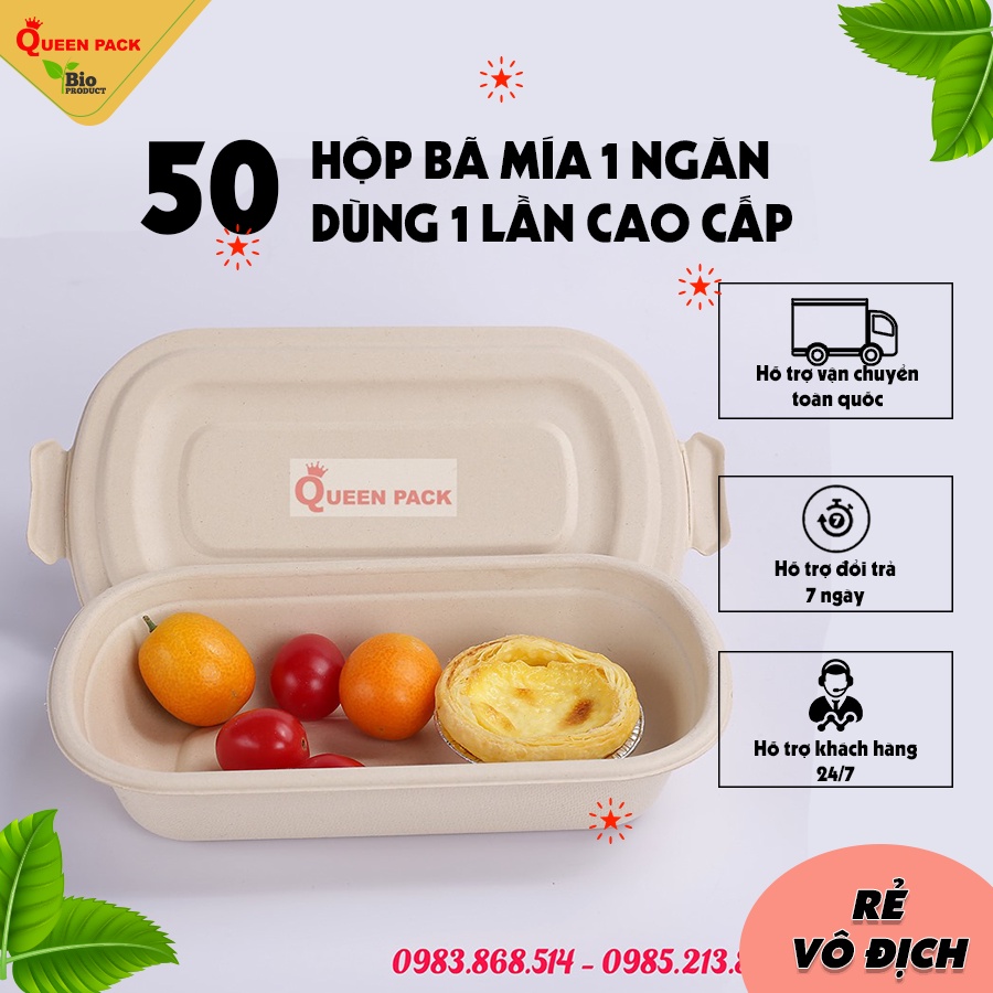 SET 50 Hôp bã mía 1 Ngăn Kèm Nắp Rời Bã Mía/Nhựa PET đựng đồ ăn dùng 1 lần, dùng cho nhà hàng quán ăn khách sạn