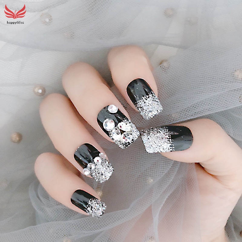 Set 24 Móng Tay Giả Màu Bạc/Đen Đính Đá Thời Trang Cho Nữ