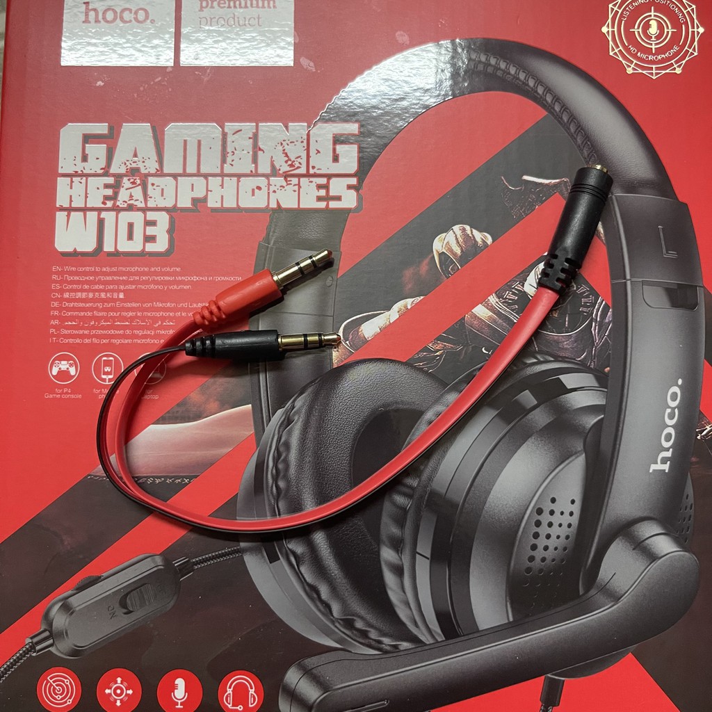 Tai nghe chụp tai Hoco W103 headphone cao cấp nghe hay, dây dài 1.2m, tặng Jack chia cổng 2 in 1 - Chính hãng