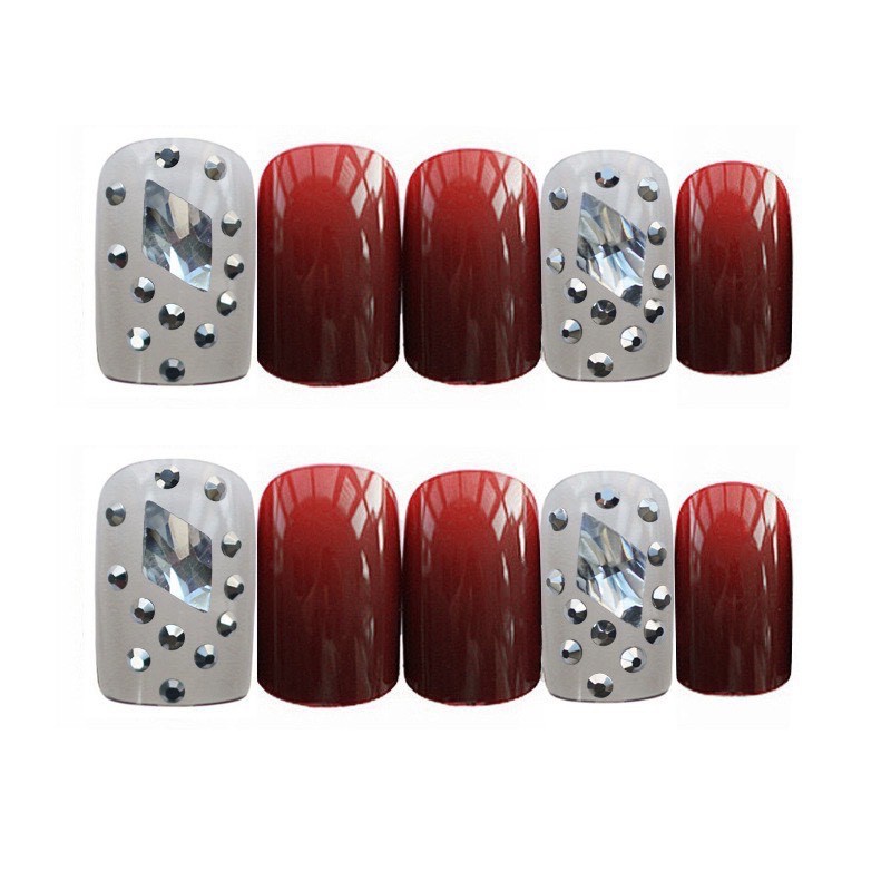 Set 24 móng tay giả , nail giả đính đá sơn gel màu đỏ đô rất sang chảnh và cá tính ( kèm keo ) DH
