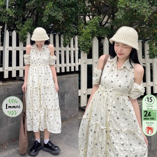 Đầm babydoll khoét vai dáng dài hoa đen nhỏ dễ thương Emmei - v165