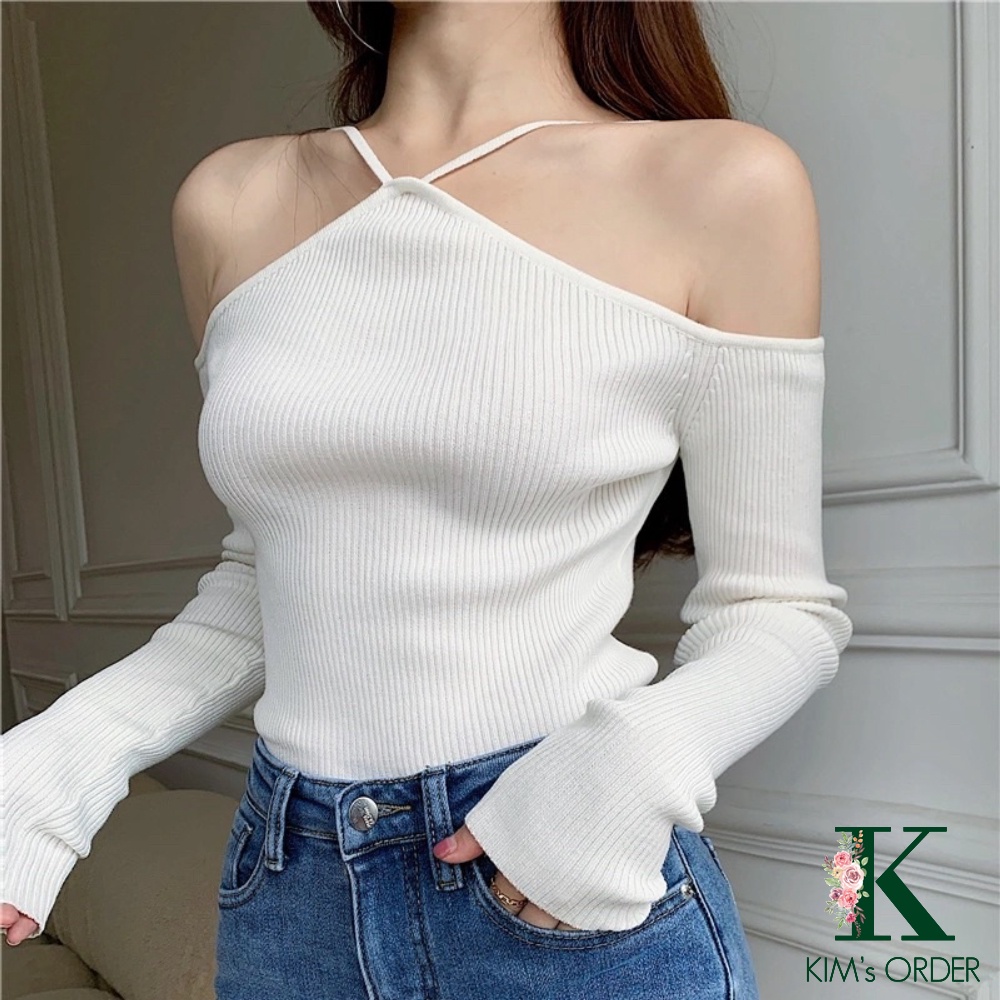 Áo len nữ dài tay màu đen trắng ghi cổ dây chéo hở ngang trễ vai phom ôm body phong cách sexy sang chảnh sành điệu