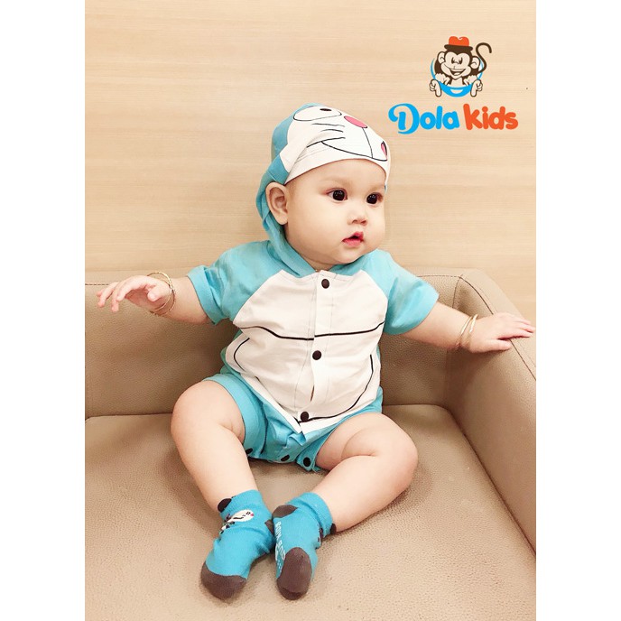 Quần áo trẻ em, trẻ sơ sinh hình thú Doremon cotton ngắn tay có mũ cho bé 4 - 15 kg