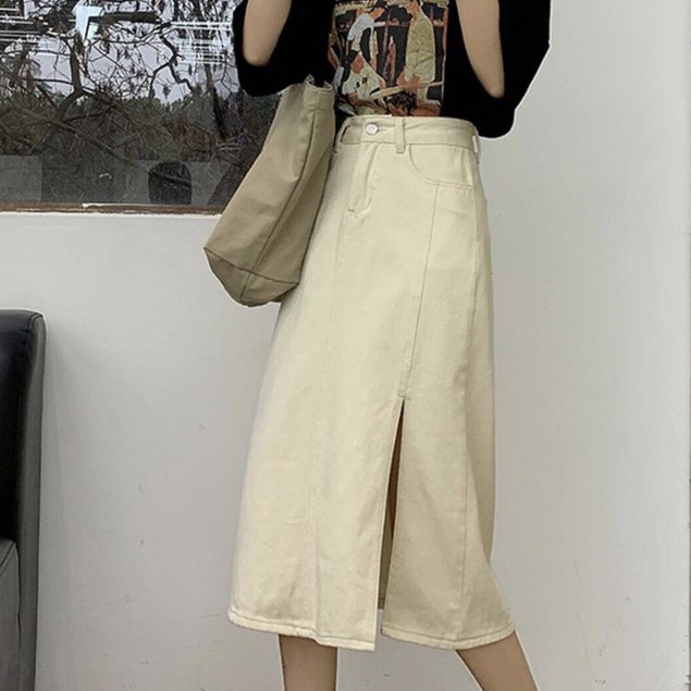 Chân Váy Jeans Dài Xẻ Tà KABICO Chân Váy Bò Dài Cạp Cao Ôm Eo Phong Cách Ulzzang V03