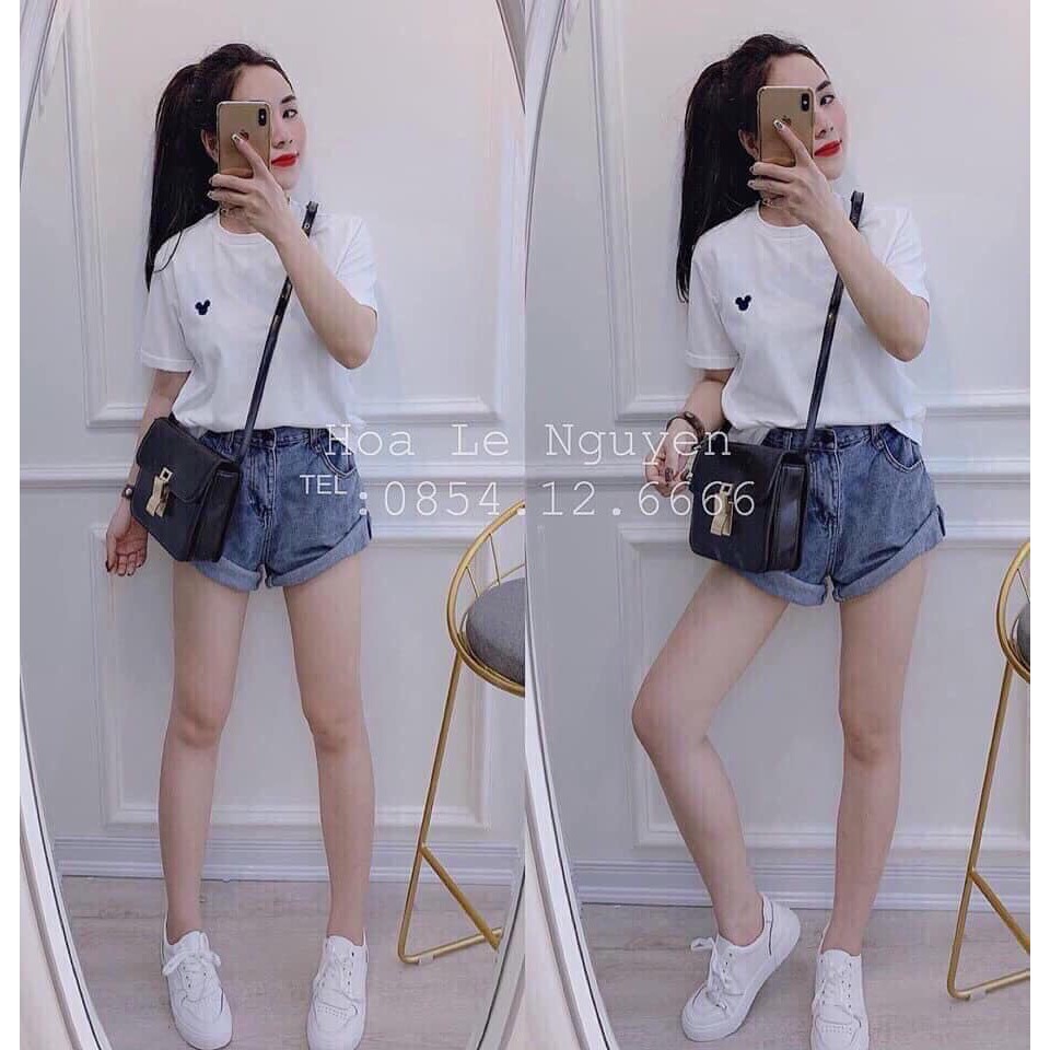 Áo phông giấy cổ tròn thêu micky cho nữ