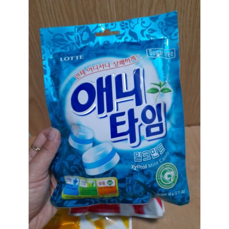 Kẹo Lotte Anytime không đường vị bạc hà/chanh/đào 60g