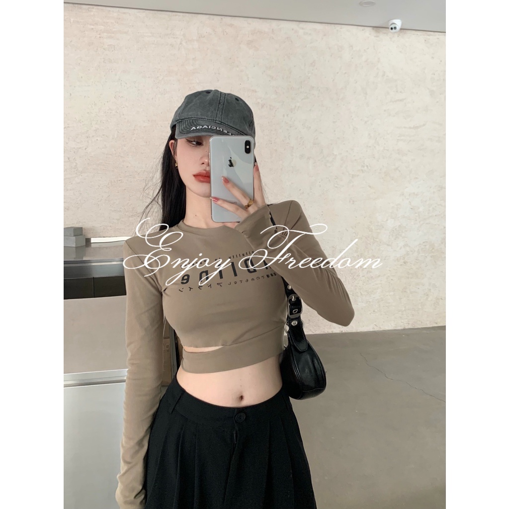 Enjoy Freedom Áo Thun Croptop Tay Dài Dáng Ôm In Chữ Thời Trang Thu Đông 2022