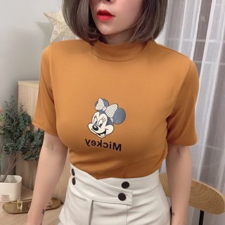 Áo thun lụa cổ lọ tay dài in hình mickey trước ngực TTSA0019