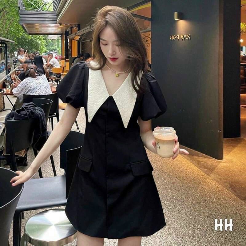 Đầm đen thiết kế xinh thời trang dáng chữ A phối cổ trắng,  váy đen cổ trắng ulzzang phù hợp đi chơi đi tiệc