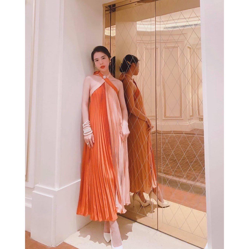 Đầm maxi dập ly cổ yếm phối màu đi tiệc đi biển xinh đẹp sống ảo XUKA-DRESS DT051