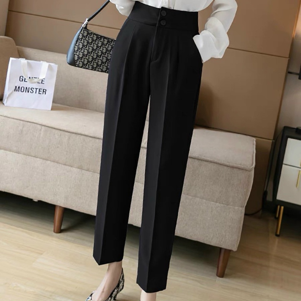 Quần baggy vải nữ chất đep hàng chần cạp cao khóa trước có 2 khuy tạo dáng eo thon gọn