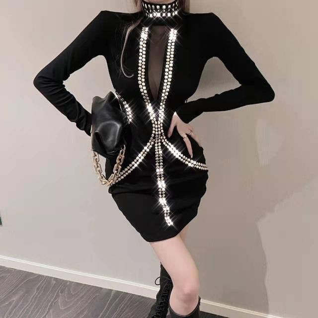 Đầm Dự Tiệc Màu Đen Phối Lưới Đính Đá Thời Trang Sang Trọng Cho Nữ