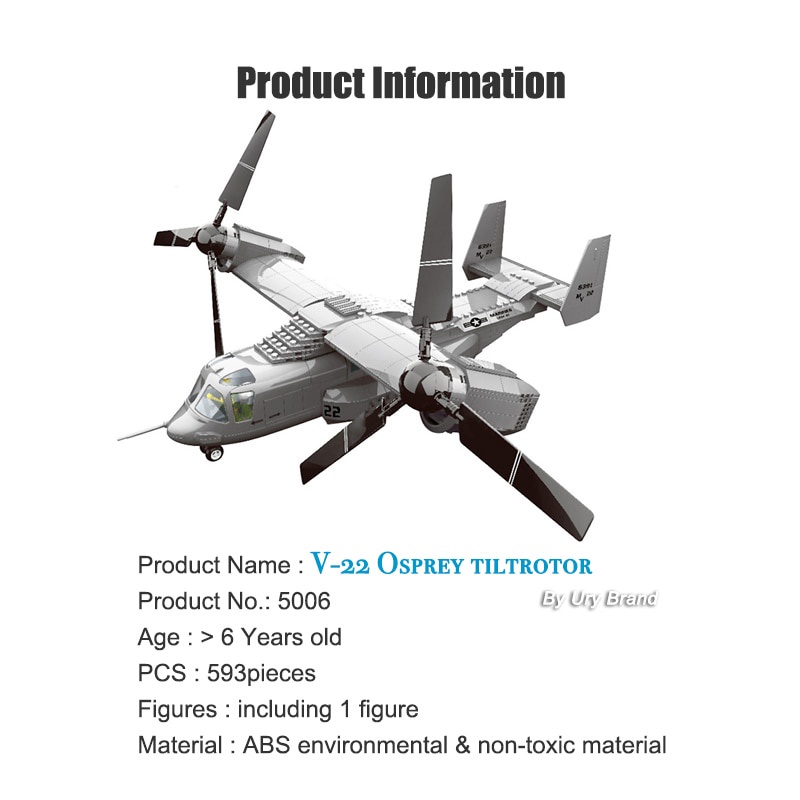 Đồ chơi Lắp ráp Mô hình Máy bay Wange 5006 Military Helicopter Plane Army US V-22 Osprey Tiltrotor Transport Aircraft
