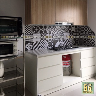 Decal gạch bông dán bếp xám đen