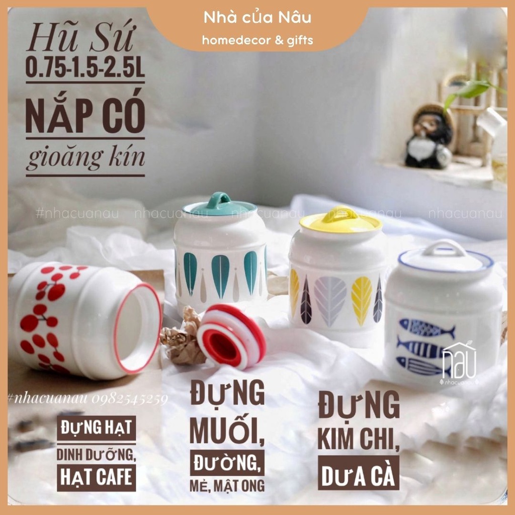 Hũ gốm sứ có gioăng cao su kín đựng hạt khô, hạt dinh dưỡng, đựng gia vị, hạt cafe, muối dưa cà muối kim chi Nhà của Nâu