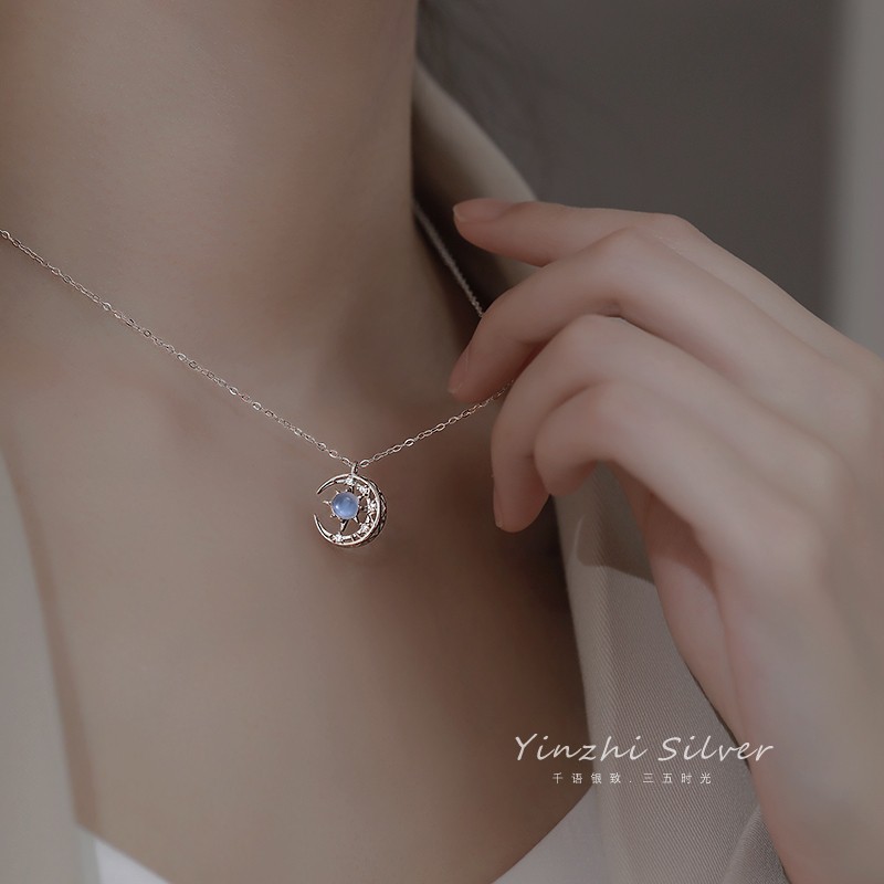 Vòng cổ S925 hình mặt trăng và ngôi sao đính đá kiểu dáng thời trang cho nữ