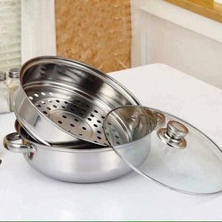 Nồi hấp 2 tầng đa năng 28cm, nổi lẩu dẫn nhiệt tốt  - Vung kính tiện dụng, chất liệu inox 304