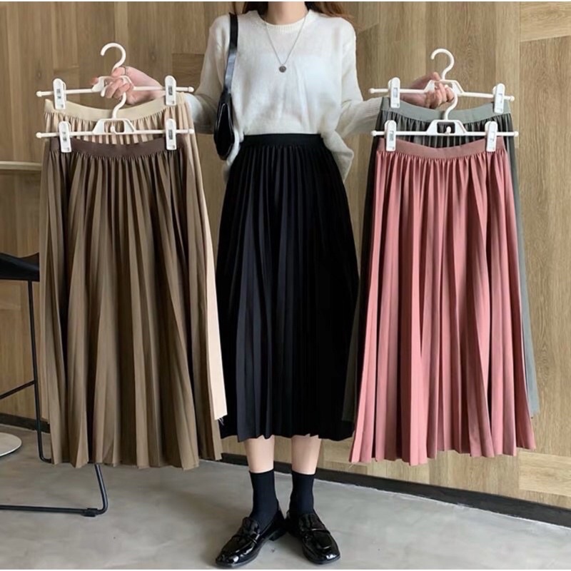 Chân váy midi xếp ly dáng dài có 3 màu hàng có sẵn