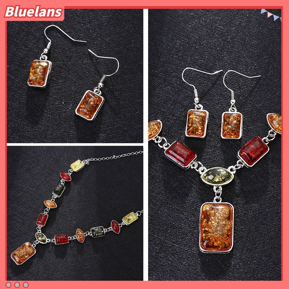 Bộ Vòng cổ + Cặp Khuyên Tai Mặt Vuông Đính Đá Hổ Phách Nhân Tạo Đẹp Mắt Cho Nữ