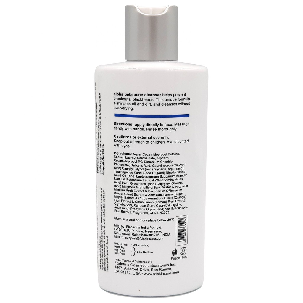 Sữa Rửa Mặt Đánh Bay Các Loại Mụn, Phục Hồi Da Sáng Da - Fixderma Fcl Alpha-Beta Acne Cleanser 200Ml