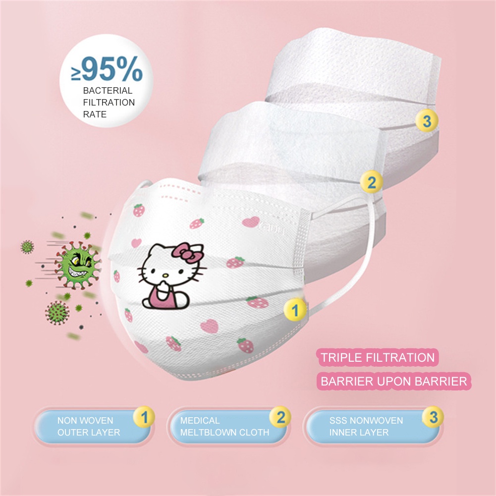 10 Chiếc 3 Lớp Khẩu Trang Bảo Hộ Trẻ Em Mặt Nạ Hoạt Hình Hello Kitty In Họa Tiết Hình Mặt Nạ