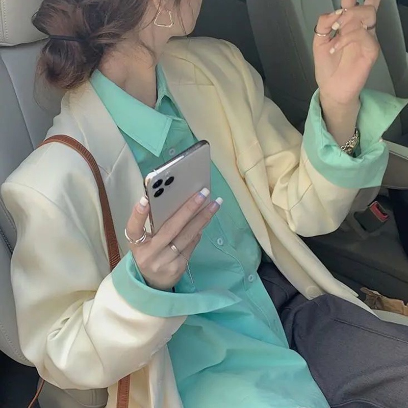 IELGY  Áo Sơ Mi Tay Dài Dáng Rộng Mỏng Màu Xanh Dương Dễ Phối Đồ Thời Trang Cho Nữ