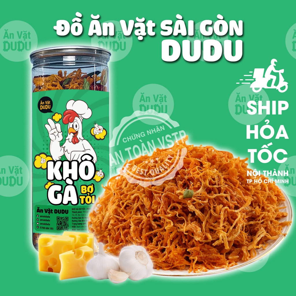 Khô gà bơ tỏi xé cay DuDu 300g đồ ăn vặt Sài Gòn vừa ngon vừa rẻ