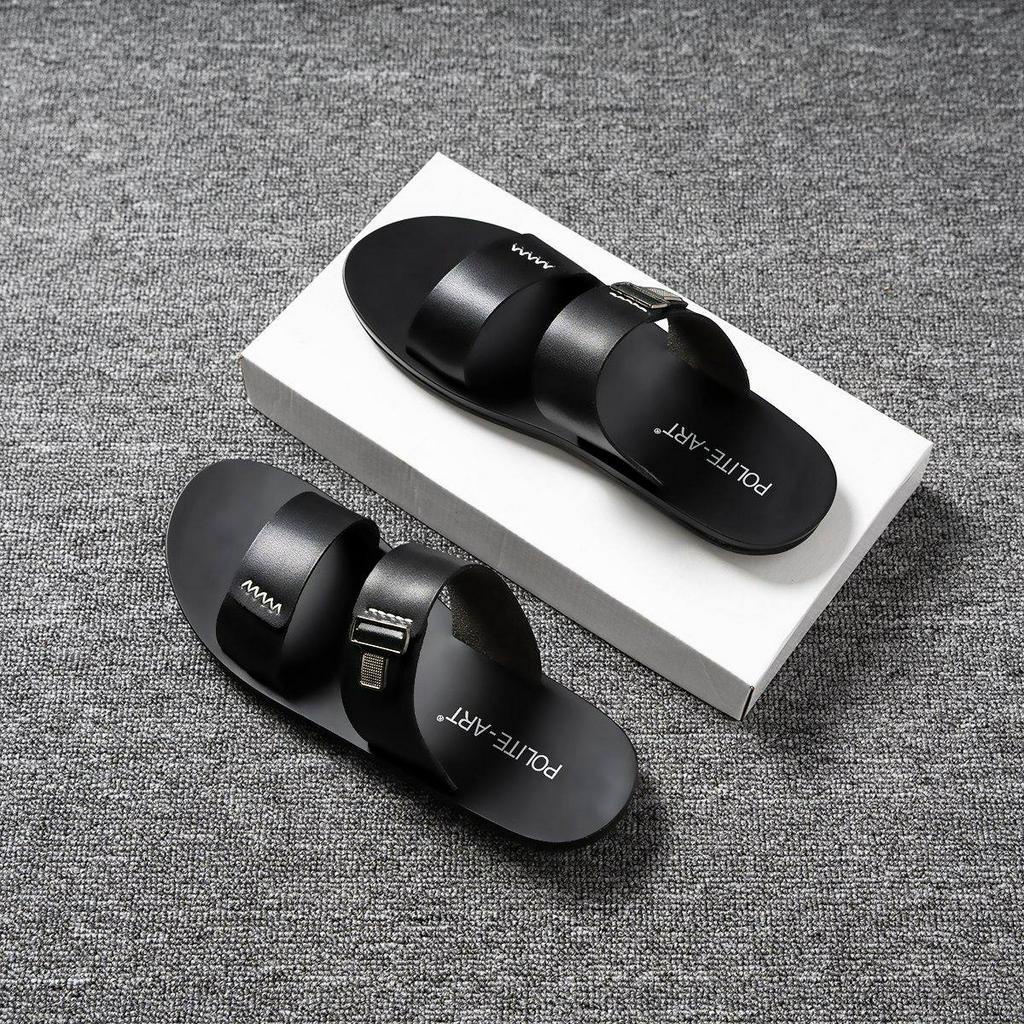 Dép nam quai ngang Polite - art da bò cao cấp 2 màu