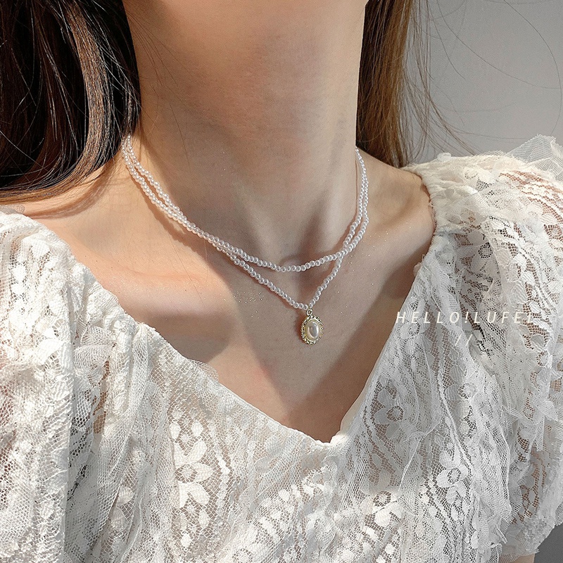 Vòng cổ hai lớp đính ngọc trai giả phong cách vintage 2021