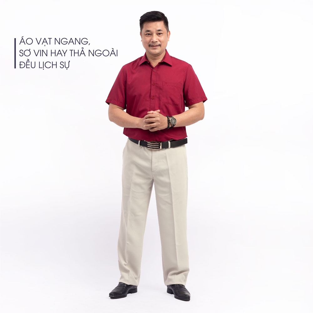 Áo Sơ Mi Nam Ngắn Tay Trung Niên ANCHI Classic Cotton Trơn Màu Đỏ Đô Cao Cấp