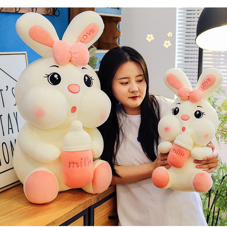 Gấu Bông Thỏ Mũ Tím - Ôm Bình Sữa - Thỏ Nhồi Bông Hama