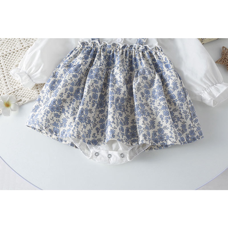 Bộ Áo Liền Quần Cotton Tay Dài In Hoa + Mũ Thời Trang Cho Bé Gái 0-2 Tuổi