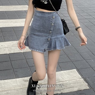 Chân váy denim Xiaozhainv lưng cao dáng chữ A phong cách Hàn Quốc