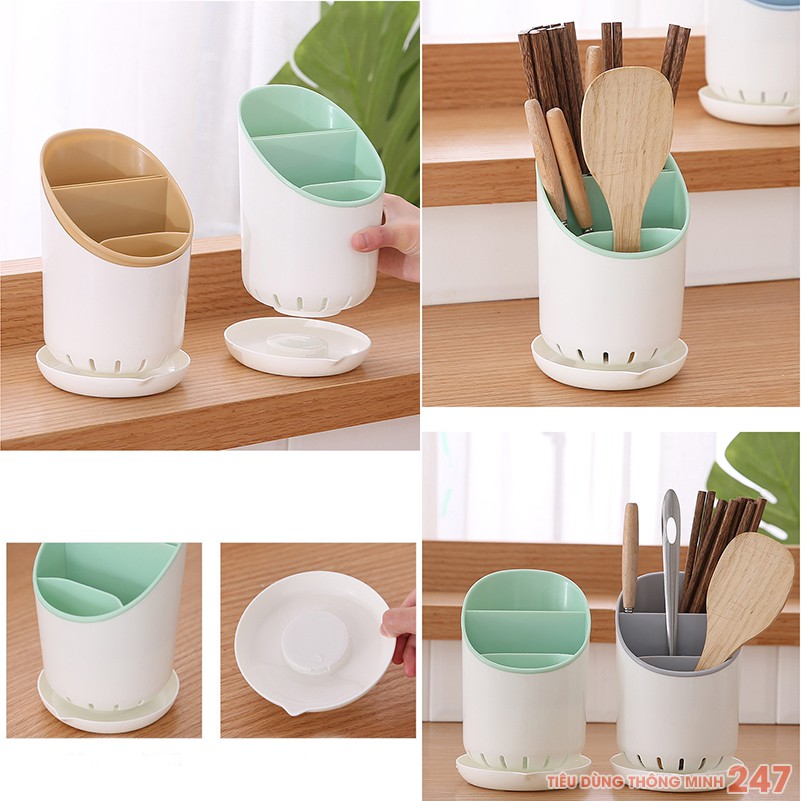 Ống đựng đũa muỗng nhựa PP có khay thoát nước  FREESHIP  4 màu sắc pastel ngọt ngào, dễ dang vệ sinh, chống ẩm mốc