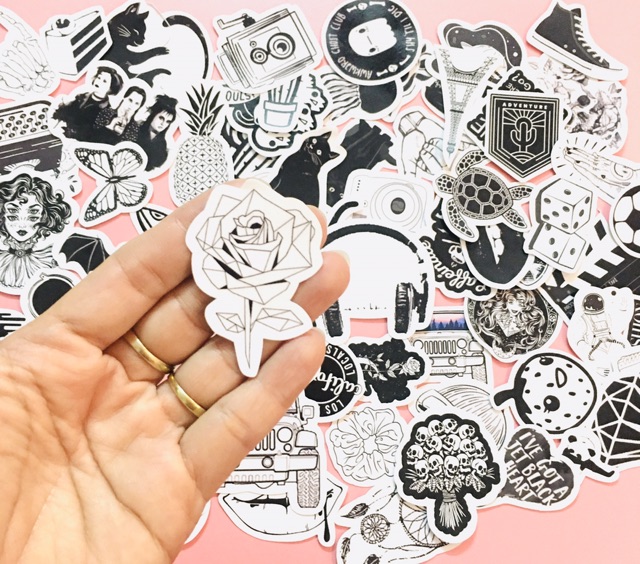 Sét 30-50 cái Sticker đen trắng black white ép lụa đề can bóc dán