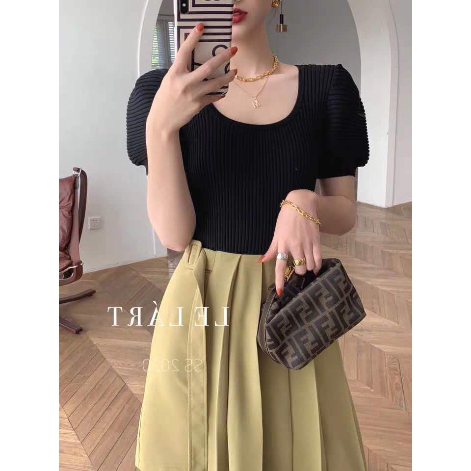 Áo croptop dệt kim cổ chữ U phối tay áo phồng thời trang cho nữ | BigBuy360 - bigbuy360.vn