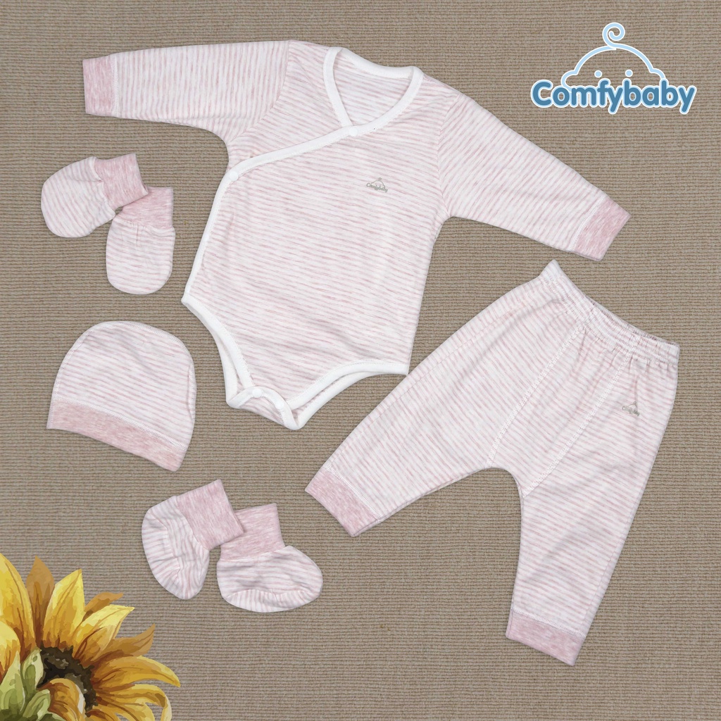 Set Bodysuit sơ sinh 5 món ComfyBaby (quần áo dài, bao tay chân, mũ) kẻ sọc màu xanh - 100% Cotton- chính hãng