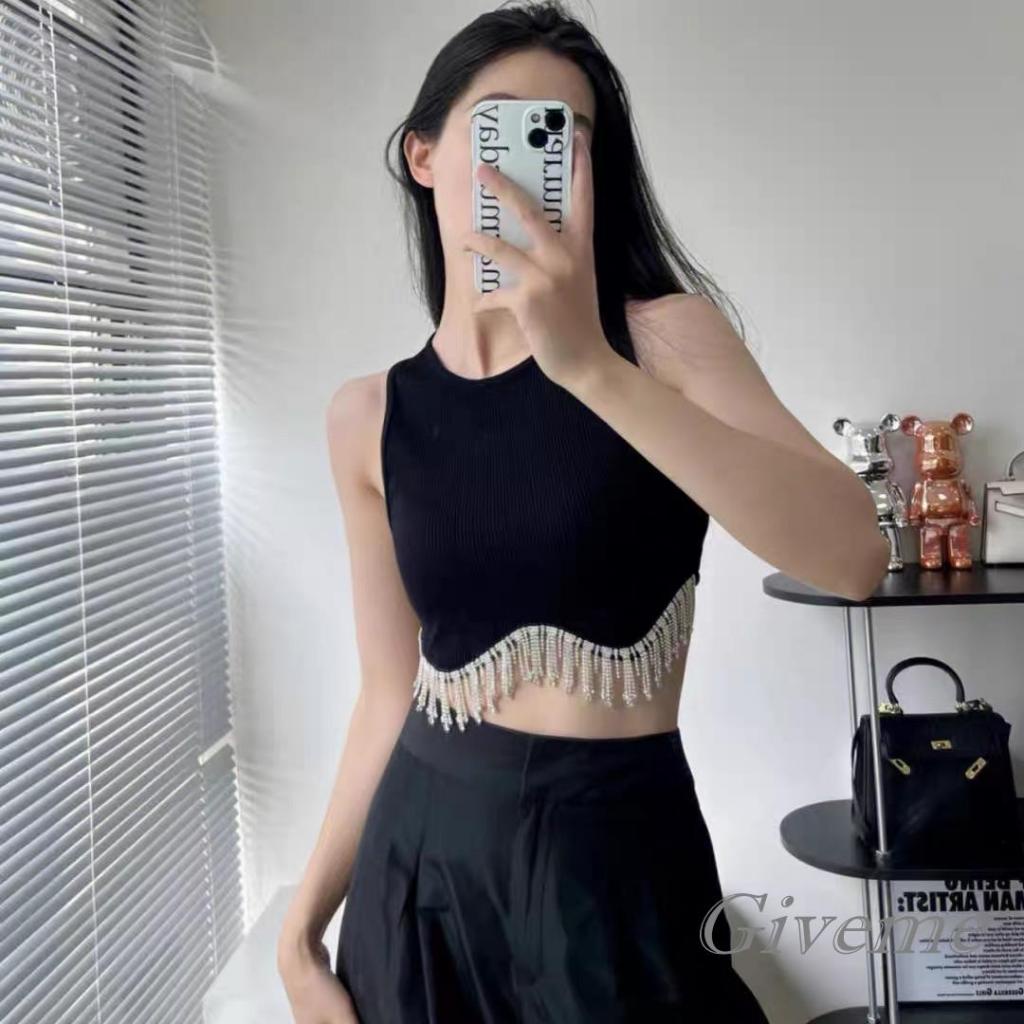 Áo Tank Top Không Tay Cổ Tròn Viền Tua Rua Đính Đá Thời Trang Đường Phố Mùa Hè