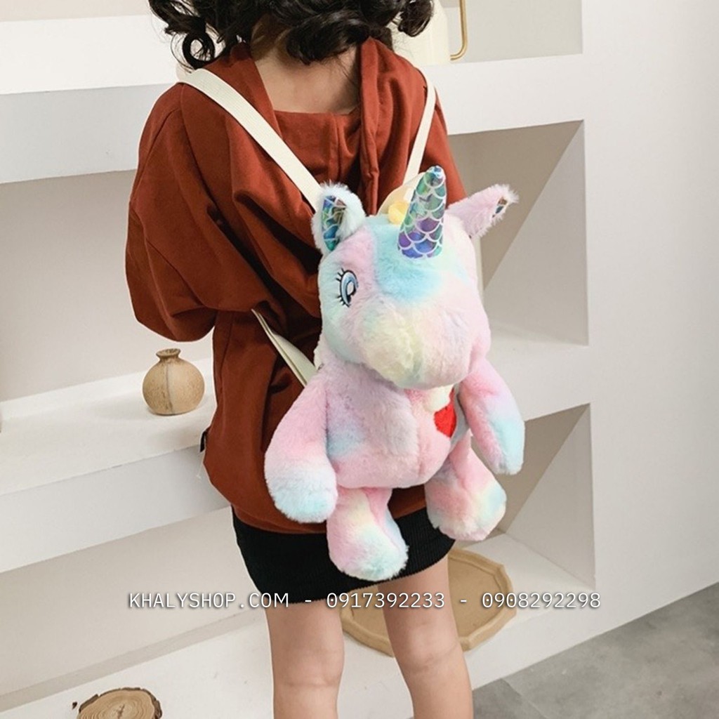 Balo thú 1 ngăn hình Ngựa Unicorn 7 màu vải lông mềm mịn siêu xinh dành cho trẻ em bé gái - 72NBLUNITHU (21x12x40cm)