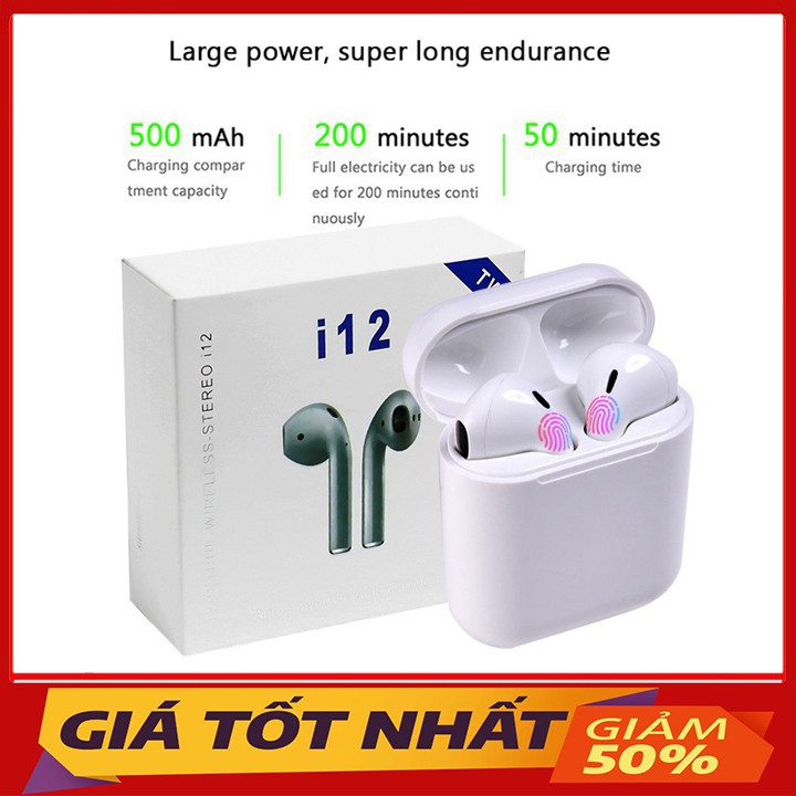 ️🎶Cảm Biến️🎶 Tai nghe i12, Tai Nghe Không Dây AirPod, Âm Chất Lượng Đủ Bass Treble, Nghe Đều 2 Tai, Bảo Hành 2 Tháng
