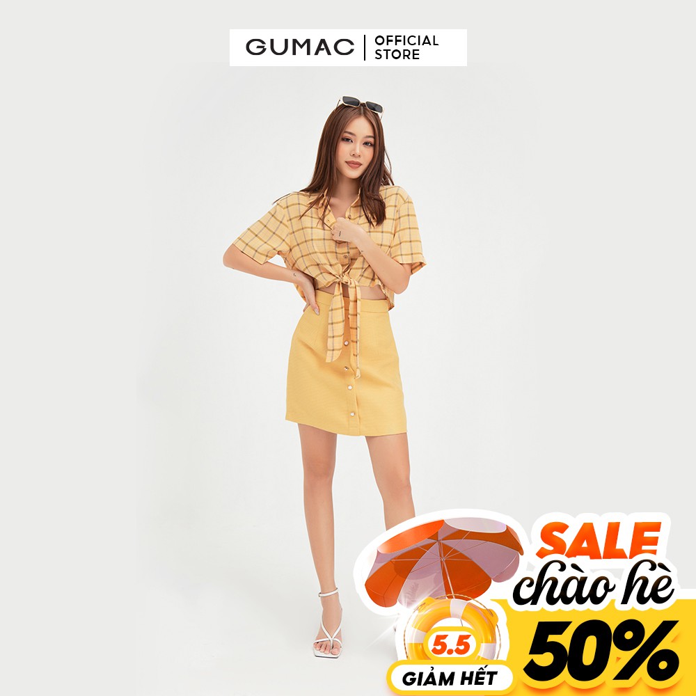 [Mã WABRGU100 giảm 15% đơn 249K tối đa 100k] Áo kiểu nữ caro cột eo GUMAC màu vàng năng động, cá tính AB4101
