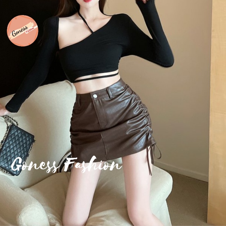 Chân váy Goness kiểu rút dây 2 bên dáng ngắn chất liệu da nữ body nhún hông ulzzang