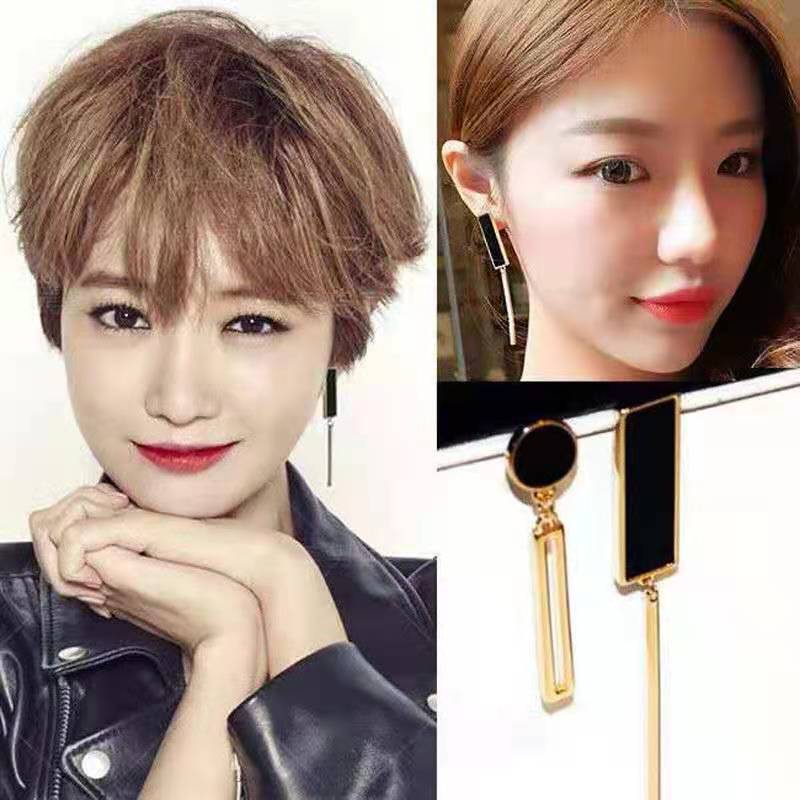 Korean imitation allergy Kim silver fashion asymmetric earrings long geometric eccentric ear fashion ear series