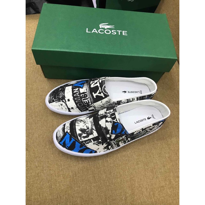 giày lười vải nam mũi tròn in hoạ tiết phối màu đế bệt lacoste