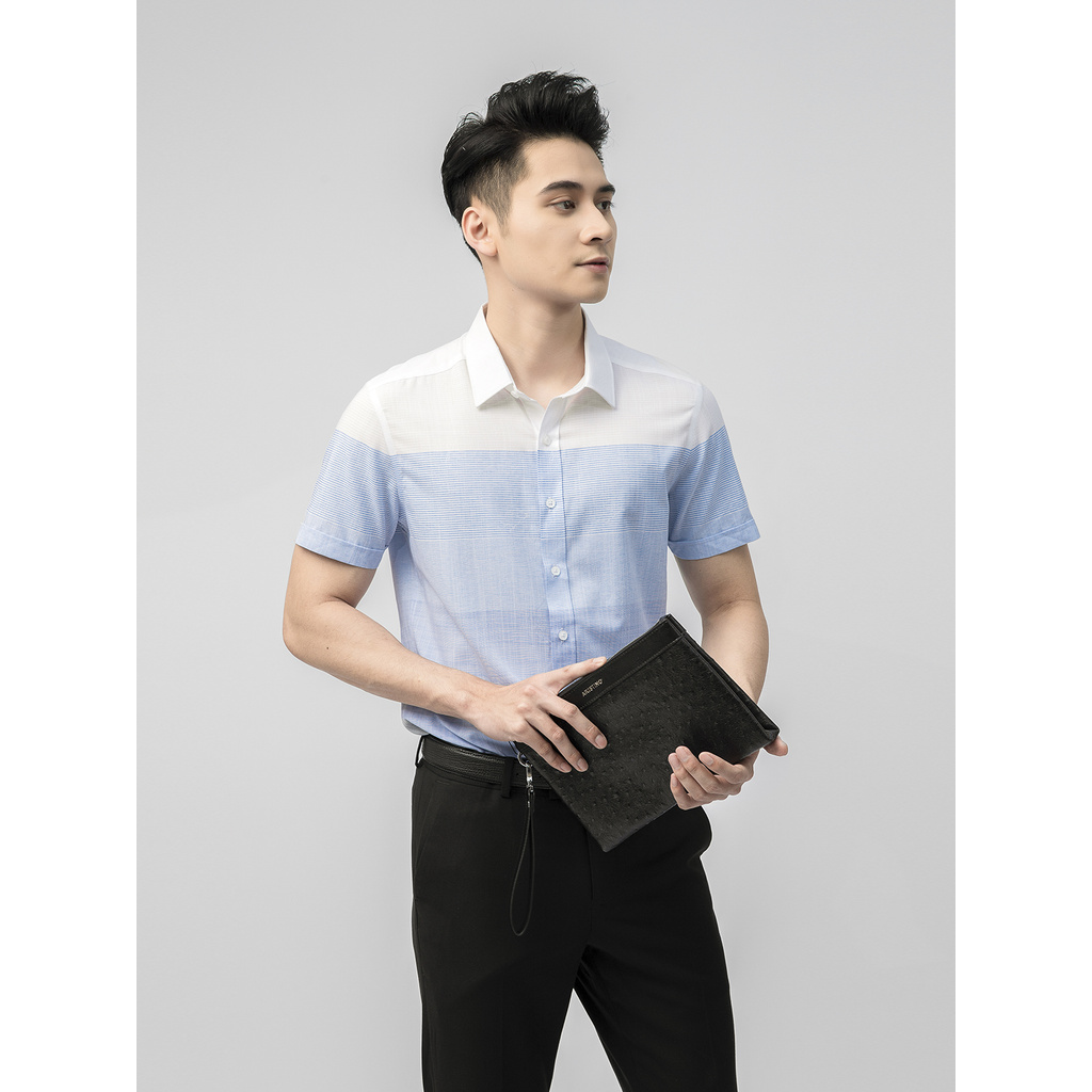 Áo Sơ Mi Nam Tay Ngắn Aristino ASS121S1 Màu Trắng Kẻ Xanh Dệt Jacquard Kiểu Dáng Slim Fit Chất Liệu Polyester