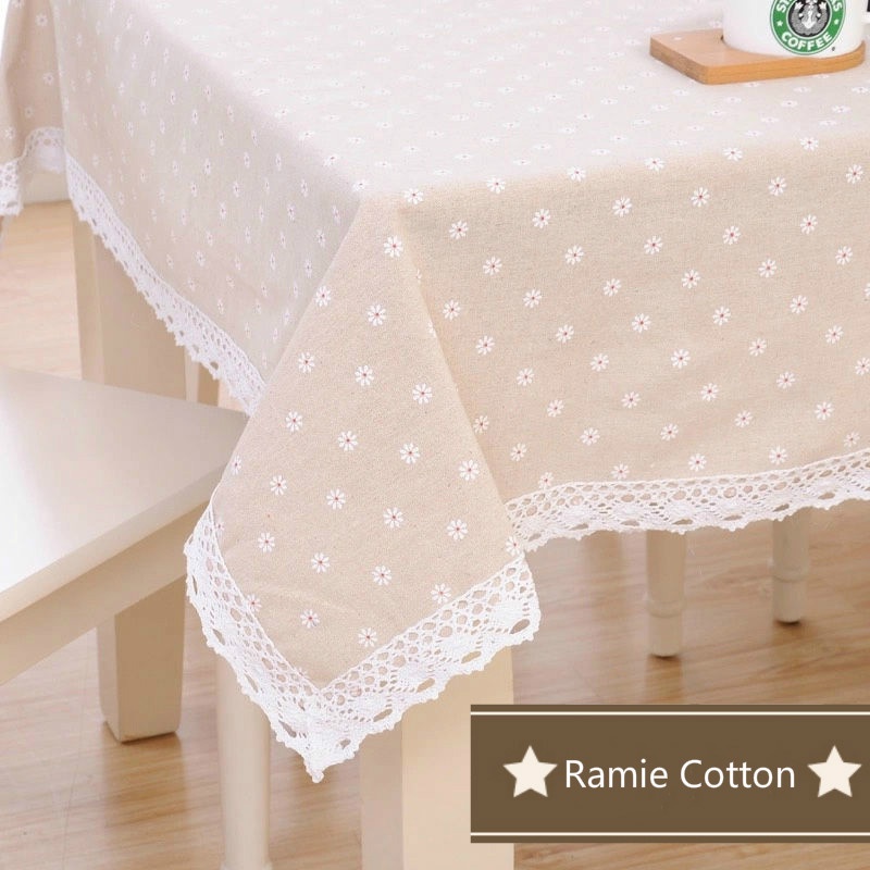 Khăn Trải Bàn Bằng Cotton Phối Ren Tua Rua Hình Chữ Nhật / Hoa Cúc Xinh Xắn
