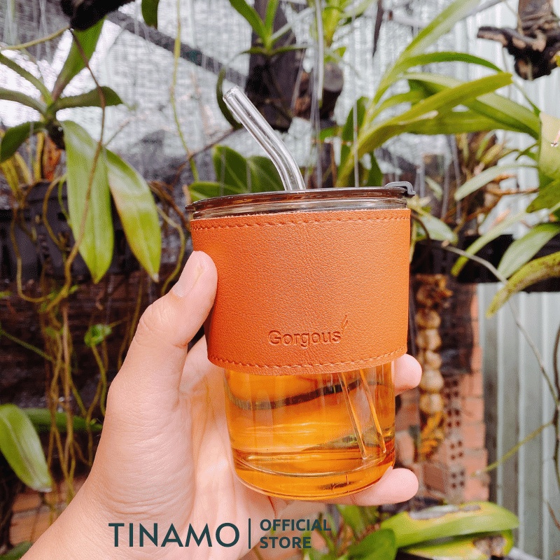 Cốc thủy tinh bọc da TINAMO, có nắp kèm ống hút thủy tinh, dung tích 420ml